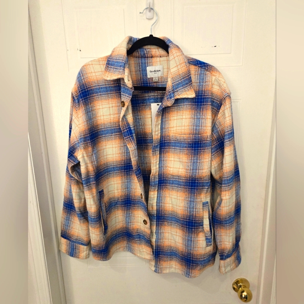 Goodfellow & Co Mens Plaid Flannel Shirt in Blue and Orange Size Large